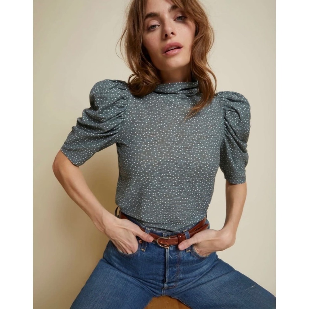 Nation LTD Grey Polka Dot Puff Sleeve Top Pima Cotton Size M